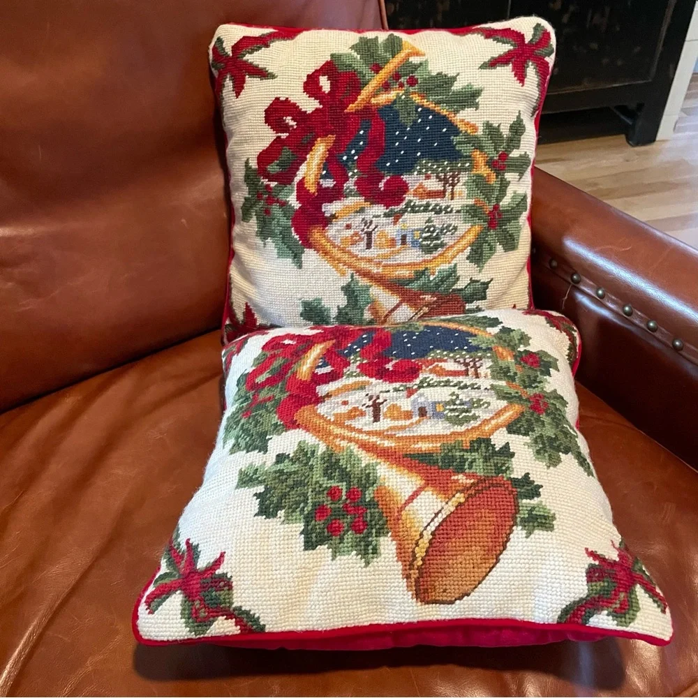 100% Wool Handmade Needle Point 2/Pillow Christmas Cabin French Horn 13x13”